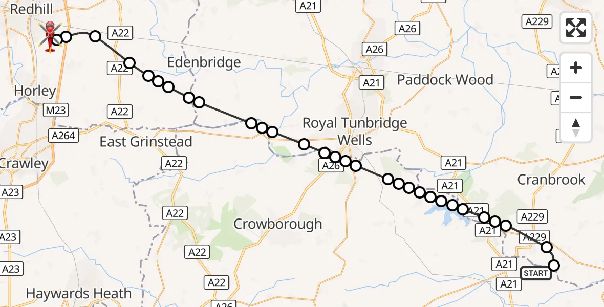 Flight route Air Ambulance Helicopter Rother - Redhill Aerodrome, 25 September 2026, 00:55