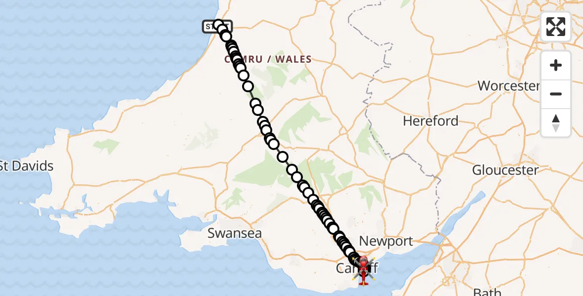 Flight route Air Ambulance Helicopter Llangorwen - Cardiff Heliport, 25 September 2026, 00:57