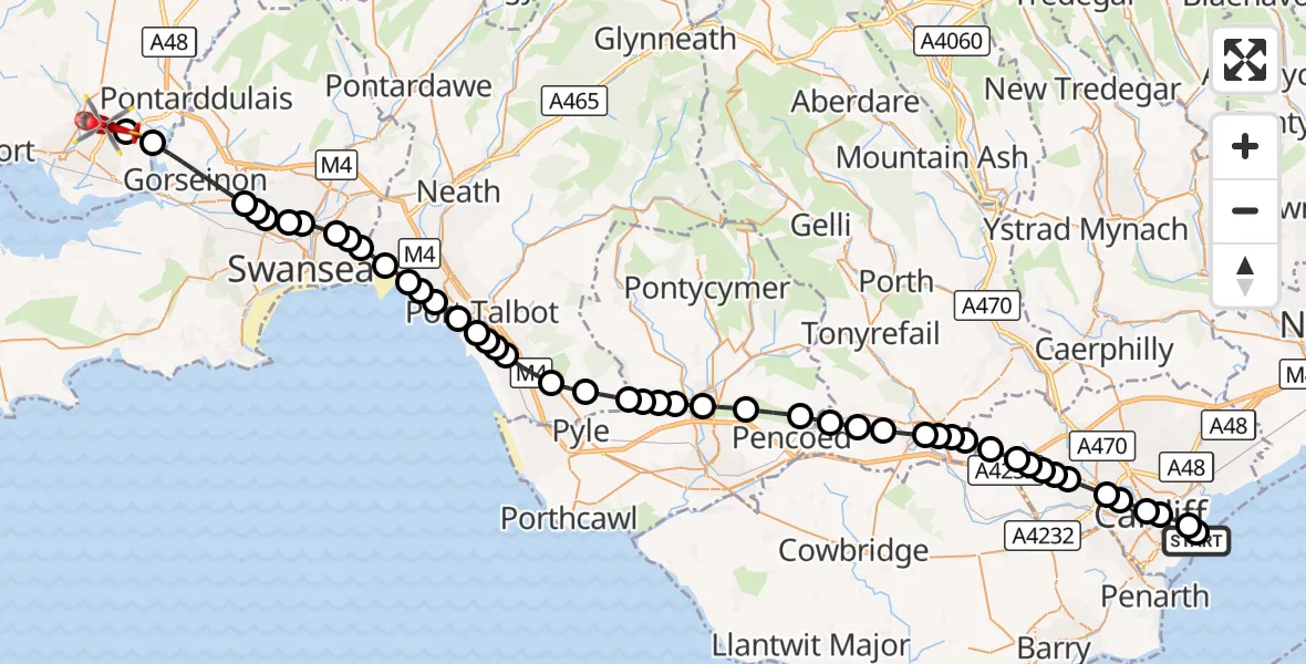 Flight route Air Ambulance Helicopter Cardiff Heliport - Dafen, 25 September 2026, 06:51