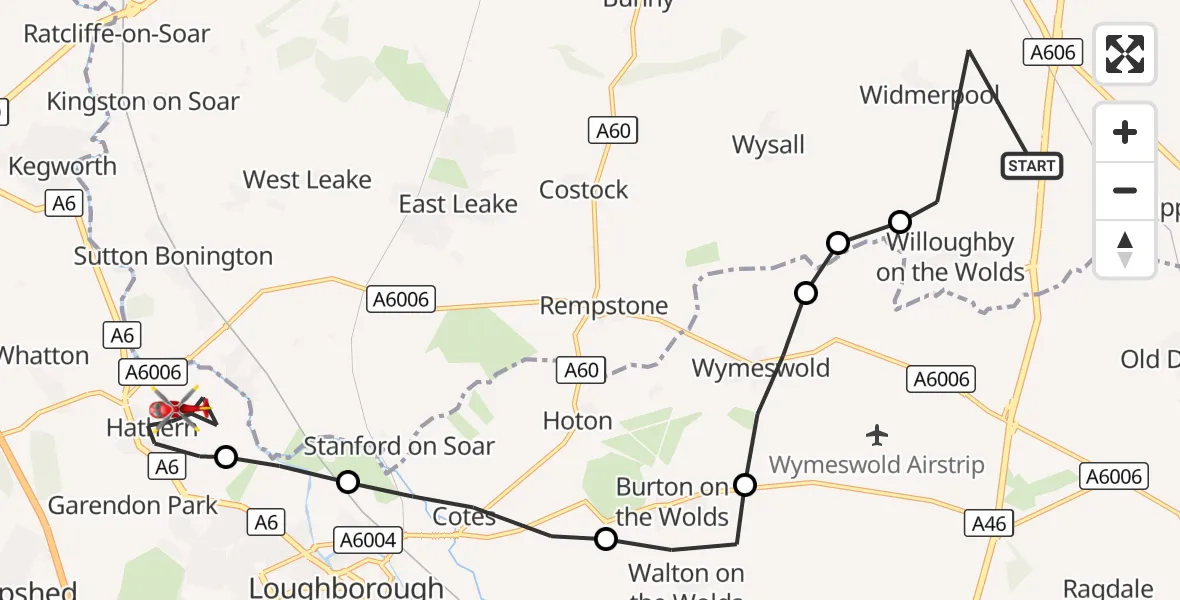 Flight route Air Ambulance Helicopter Widmerpool - Hathern, 25 September 2026, 07:07