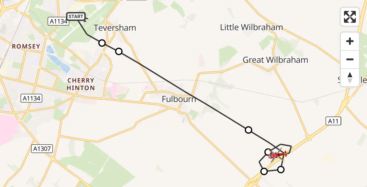 Flight route Air Ambulance Helicopter Cambridge City Airport - Great Wilbraham, 25 September 2026, 07:30