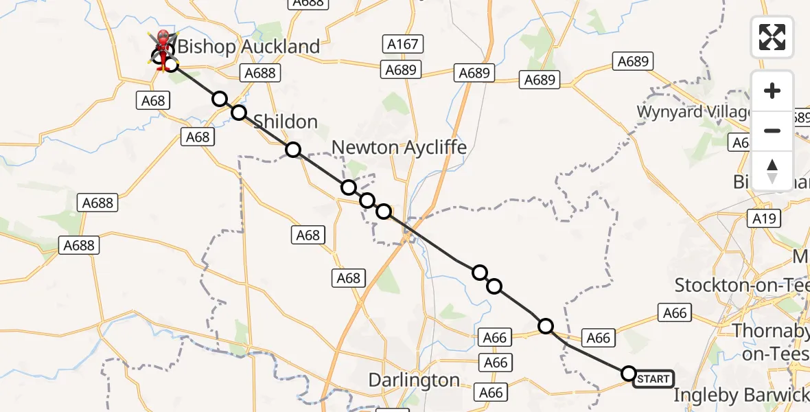 Flight route Air Ambulance Helicopter Egglescliffe - Low Etherley, 25 September 2026, 07:38