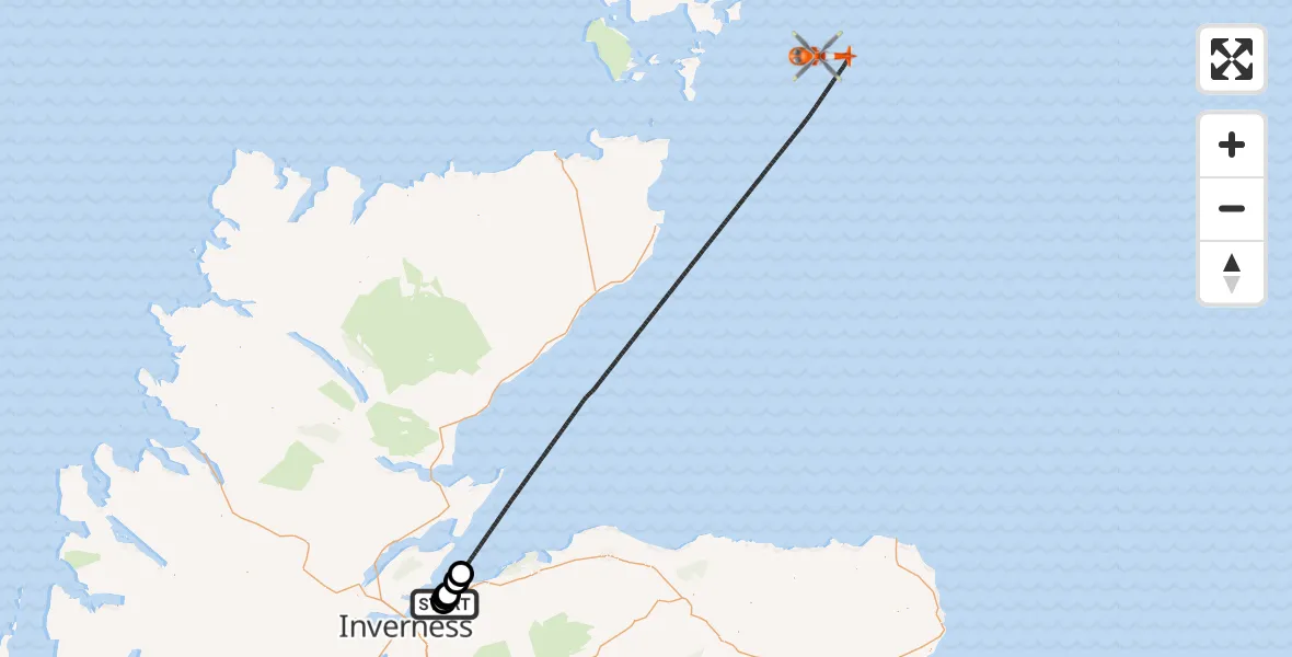 Flight route Coastguard Helicopter Inverness Airport - North Sea, 25 September 2026, 07:46