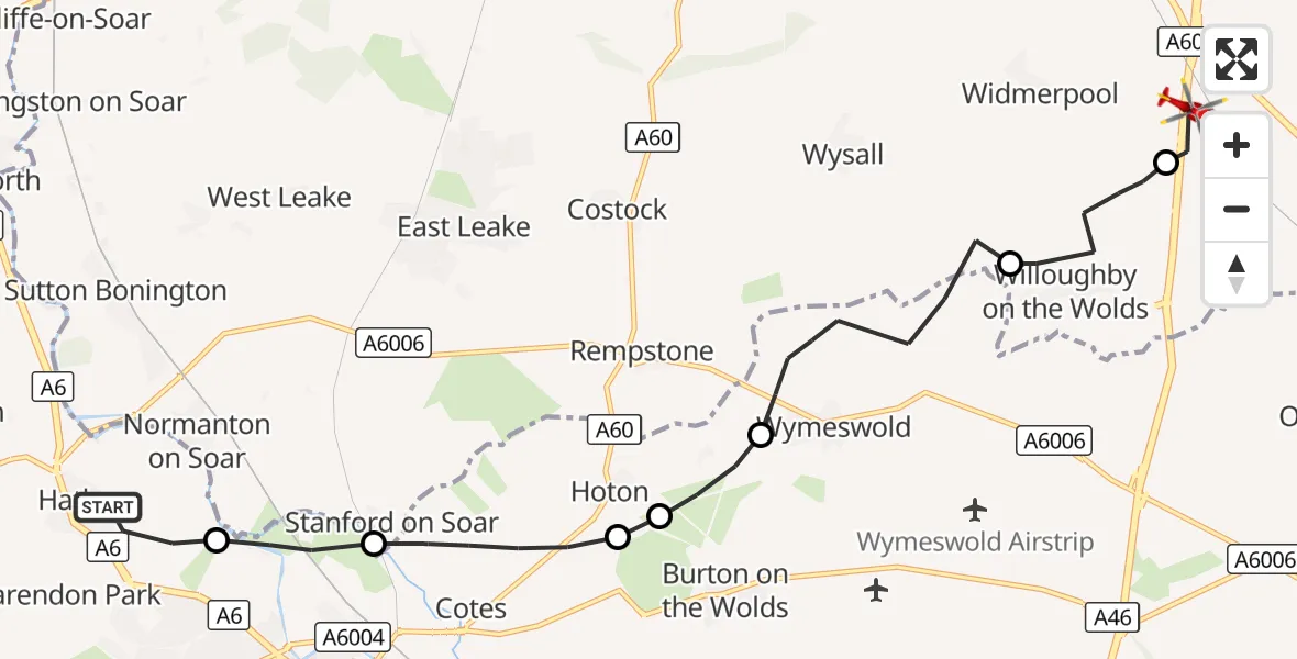 Flight route Air Ambulance Helicopter Hathern - Hickling, 25 September 2026, 08:10