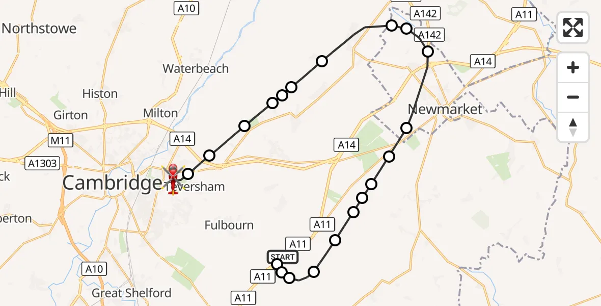 Flight route Air Ambulance Helicopter Great Wilbraham - Cambridge City Airport, 25 September 2026, 08:12