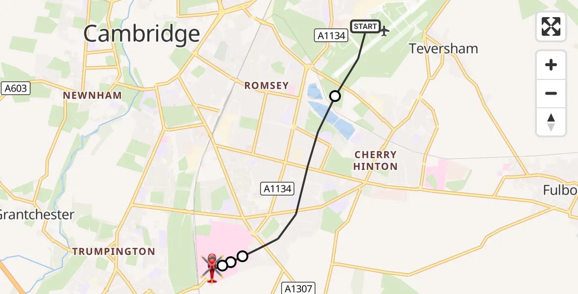Flight route Air Ambulance Helicopter Cambridge City Airport - Papworth Hospital, 25 September 2026, 08:52