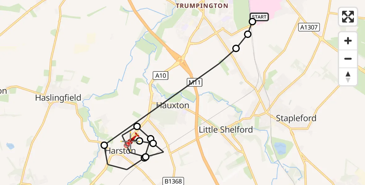 Flight route Air Ambulance Helicopter Papworth Hospital - Harston, 25 September 2026, 09:02