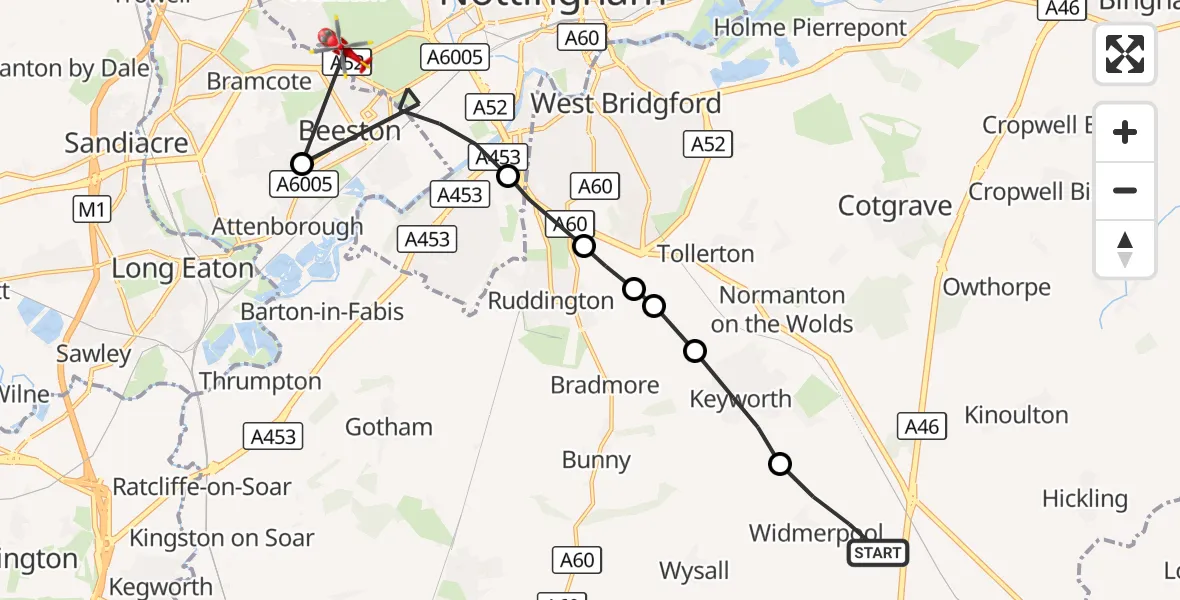 Flight route Air Ambulance Helicopter Widmerpool - City of Nottingham, 25 September 2026, 09:07