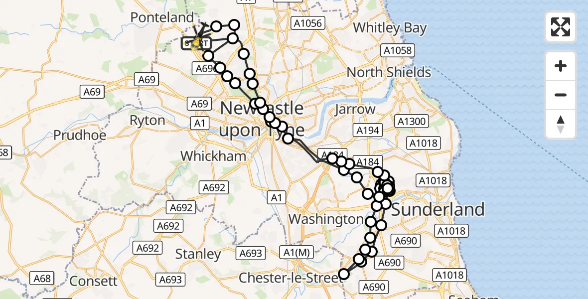 Flight route Police Helicopter Newcastle International Airport - Newcastle International Airport, 25 September 2026, 09:08