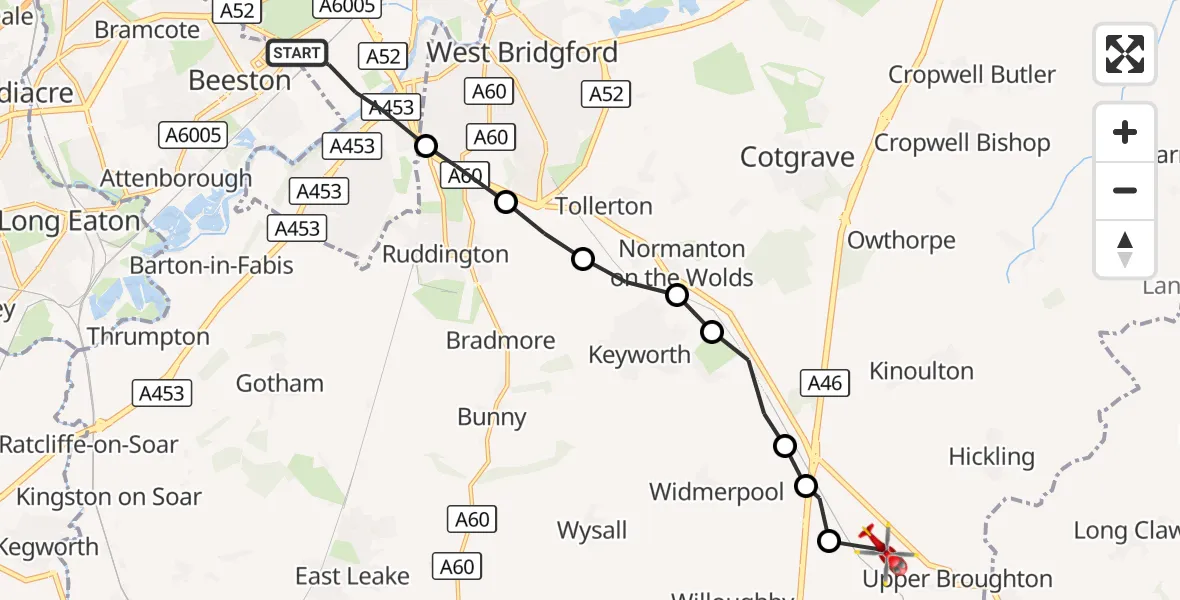 Flight route Air Ambulance Helicopter City of Nottingham - Upper Broughton, 25 September 2026, 09:25