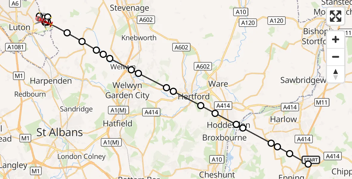Flight route Air Ambulance Helicopter North Weald Airfield - Wigmore, 25 September 2026, 09:26