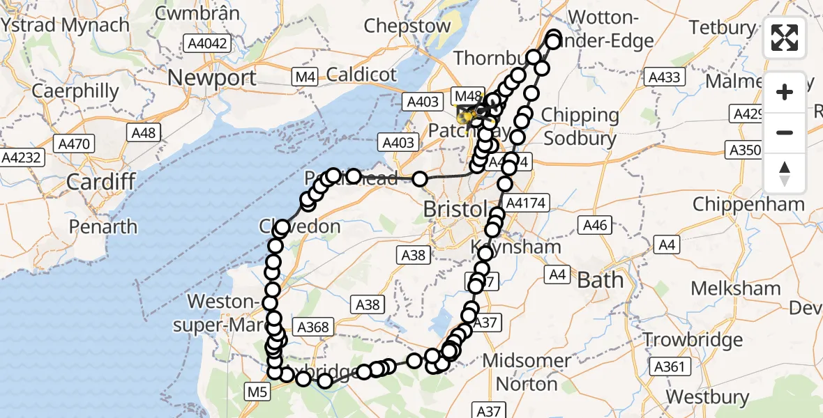 Flight route Police Helicopter Almondsbury Helicopter Base - Almondsbury Helicopter Base, 25 September 2026, 09:32