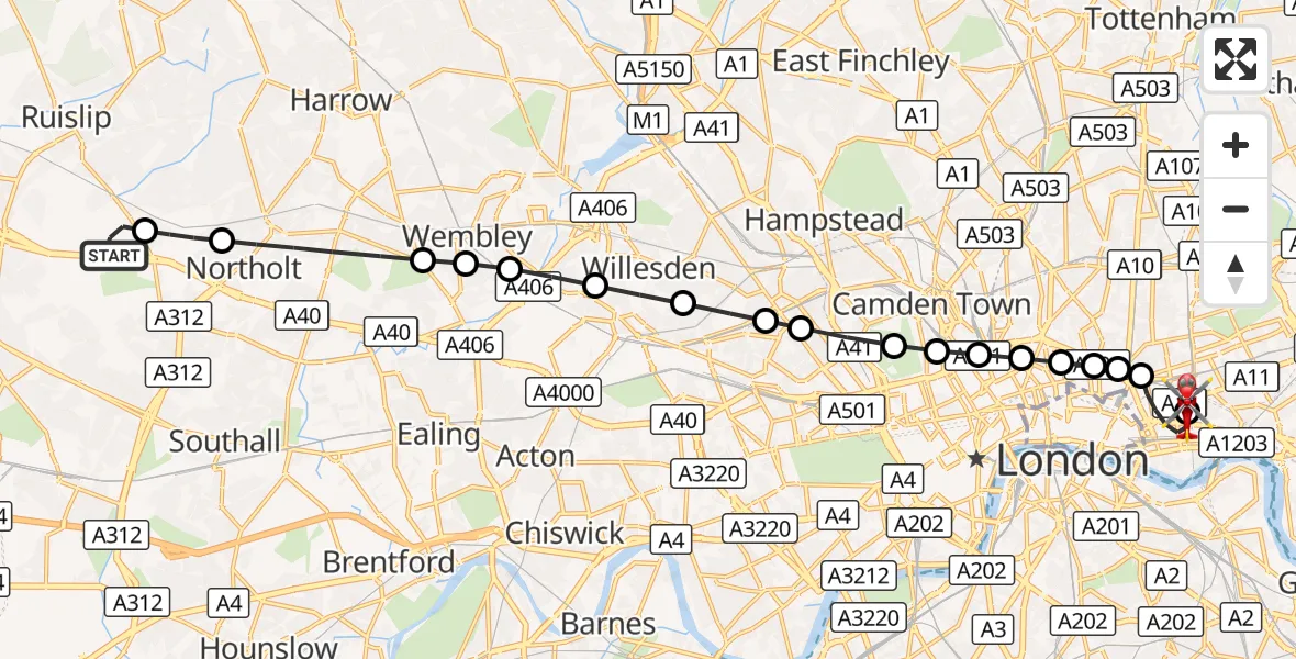 Flight route Air Ambulance Helicopter RAF Northolt - Royal London Hospital, 25 September 2026, 09:50