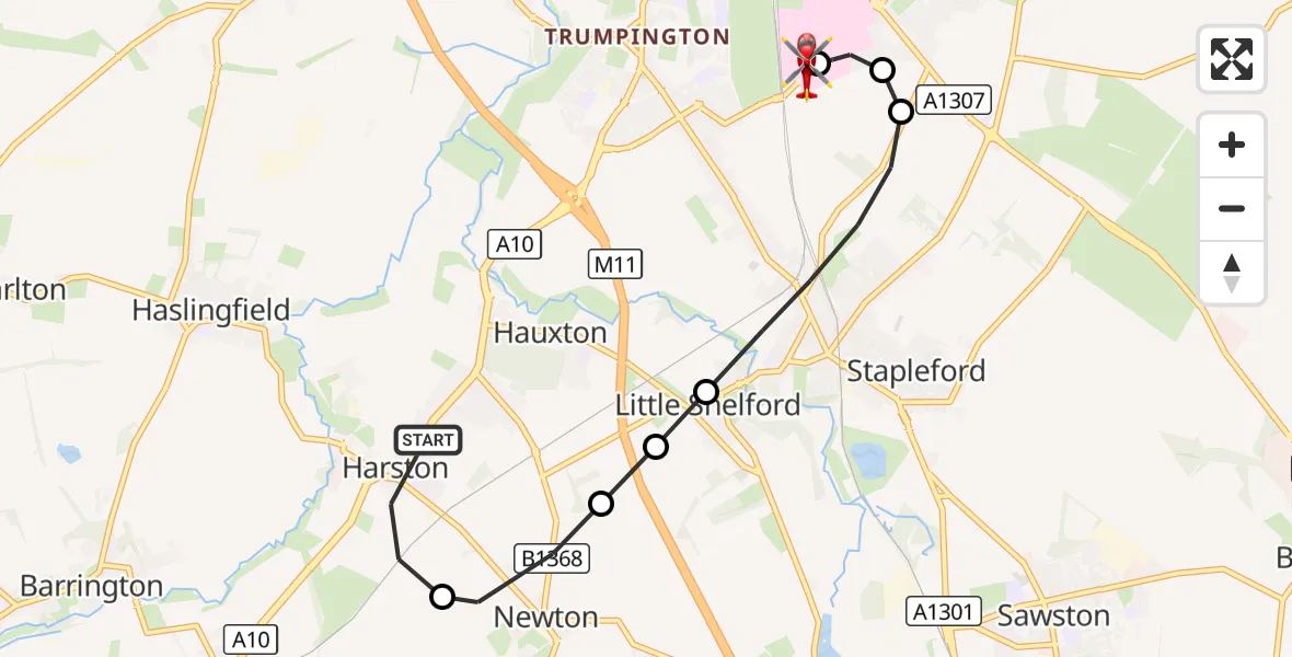 Flight route Air Ambulance Helicopter Harston - Papworth Hospital, 25 September 2026, 10:03