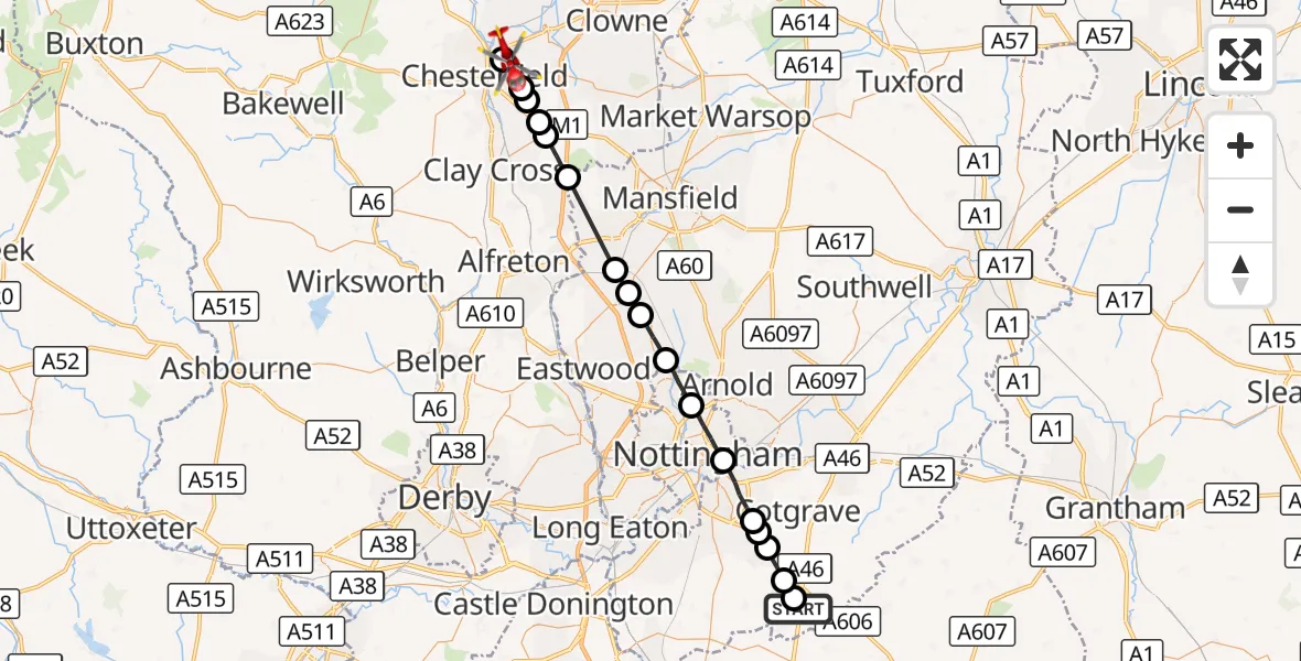 Flight route Air Ambulance Helicopter Nottingham Heliport - Chesterfield, 25 September 2026, 10:05