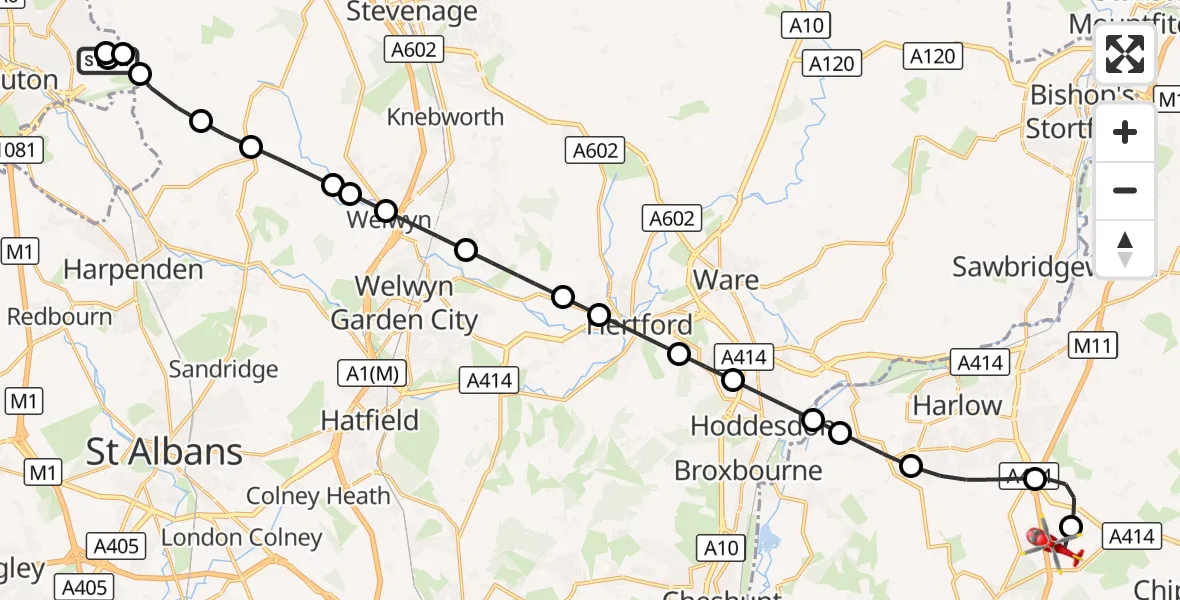 Flight route Air Ambulance Helicopter London Luton Airport - North Weald Airfield, 25 September 2026, 10:43