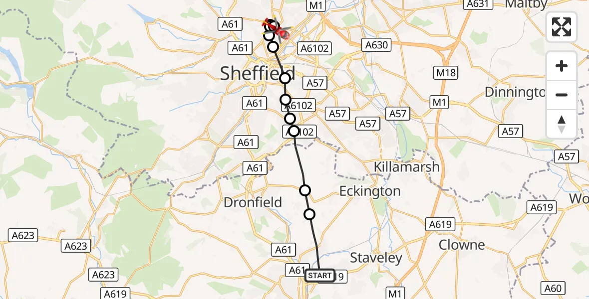 Flight route Air Ambulance Helicopter Chesterfield - Pitsmoor, 25 September 2026, 11:20