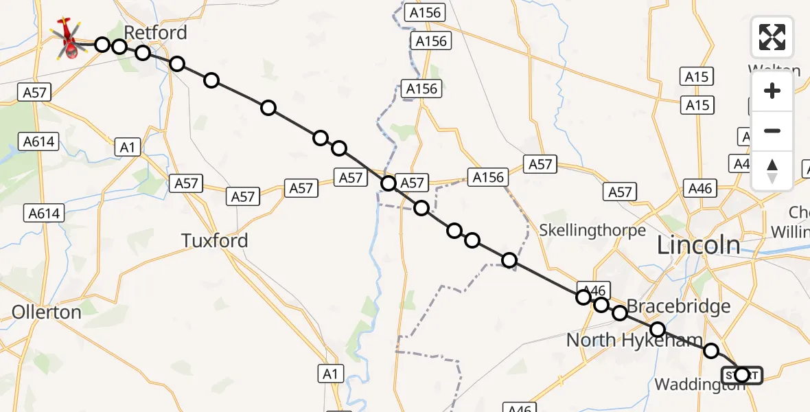 Flight route Air Ambulance Helicopter RAF Waddington - Ranby, 25 September 2026, 11:20