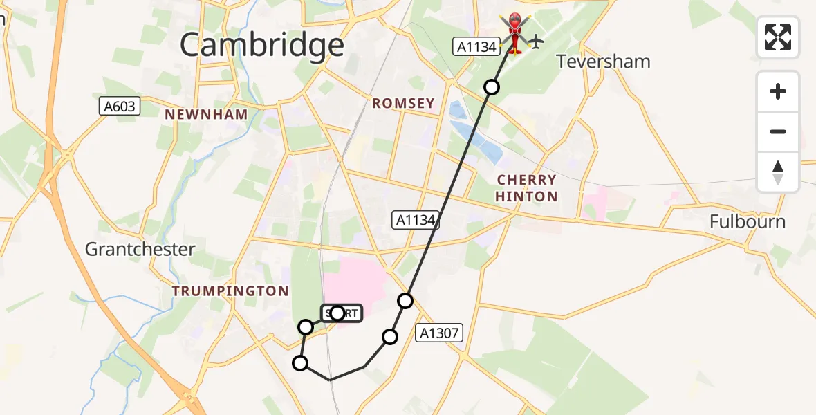 Flight route Air Ambulance Helicopter Papworth Hospital - Cambridge City Airport, 25 September 2026, 11:54