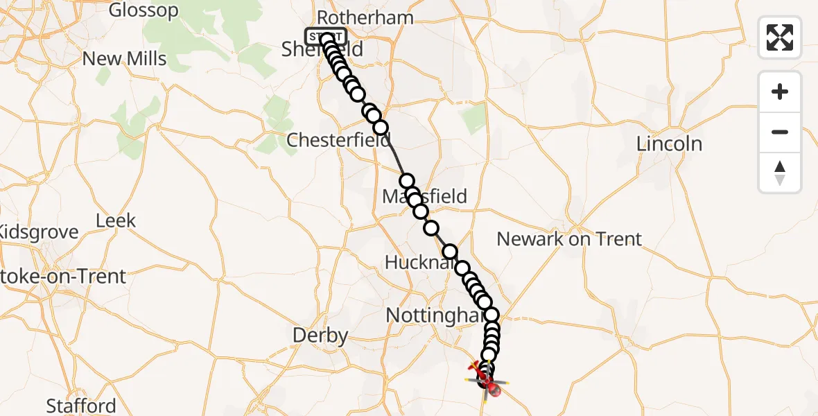 Flight route Air Ambulance Helicopter Pitsmoor - Widmerpool, 25 September 2026, 12:03