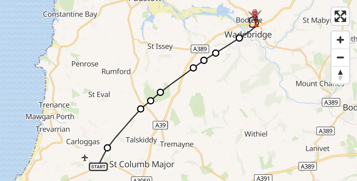 Flight route Air Ambulance Helicopter Cornwall Airport Newquay - Wadebridge, 25 September 2026, 12:11