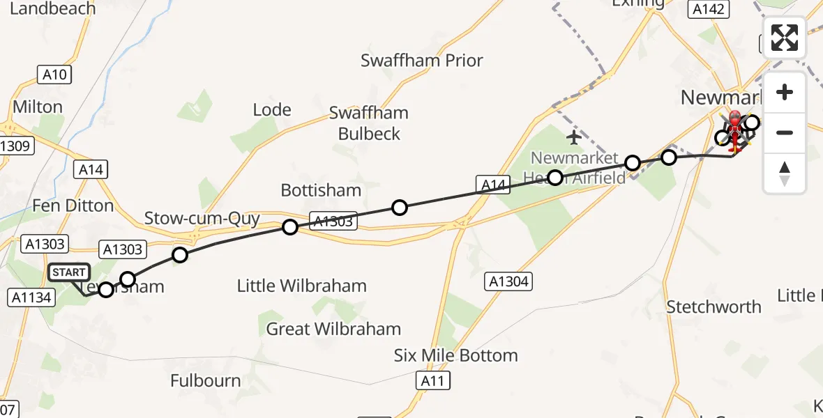 Flight route Air Ambulance Helicopter Cambridge City Airport - Woodditton, 25 September 2026, 12:12