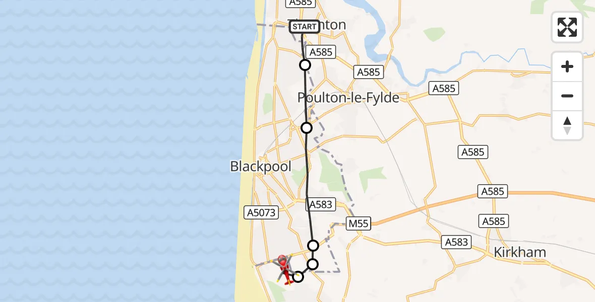 Flight route Air Ambulance Helicopter Thornton - Blackpool Airport, 25 September 2026, 12:30