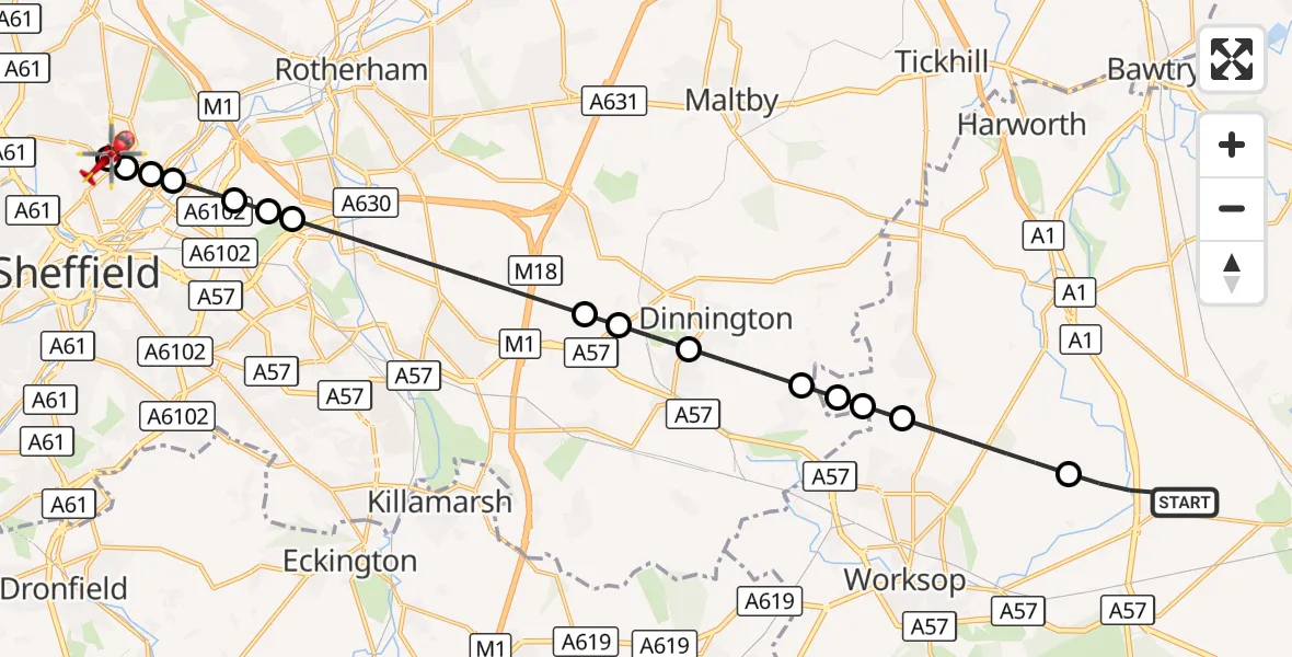 Flight route Air Ambulance Helicopter Ranby - Sheffield Northern Hospital, 25 September 2026, 12:33