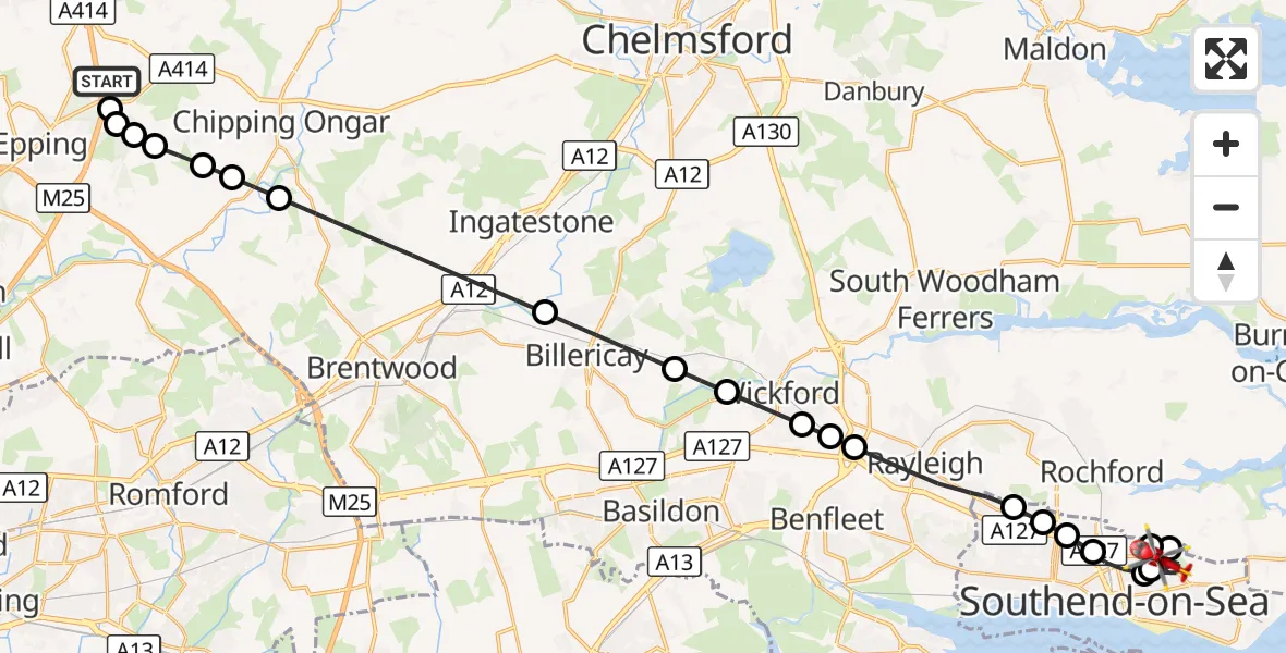 Flight route Air Ambulance Helicopter North Weald Airfield - Southchurch, 25 September 2026, 12:38