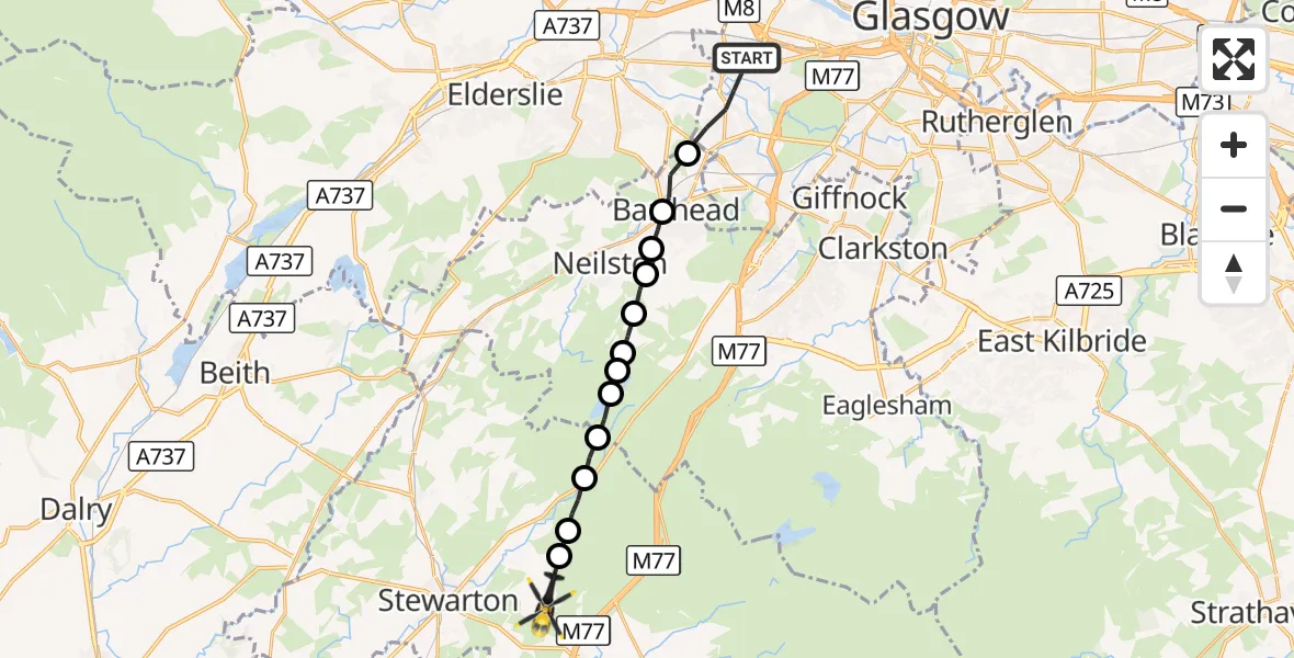 Flight route Police Helicopter Glasgow - Stewarton, 25 September 2026, 13:02