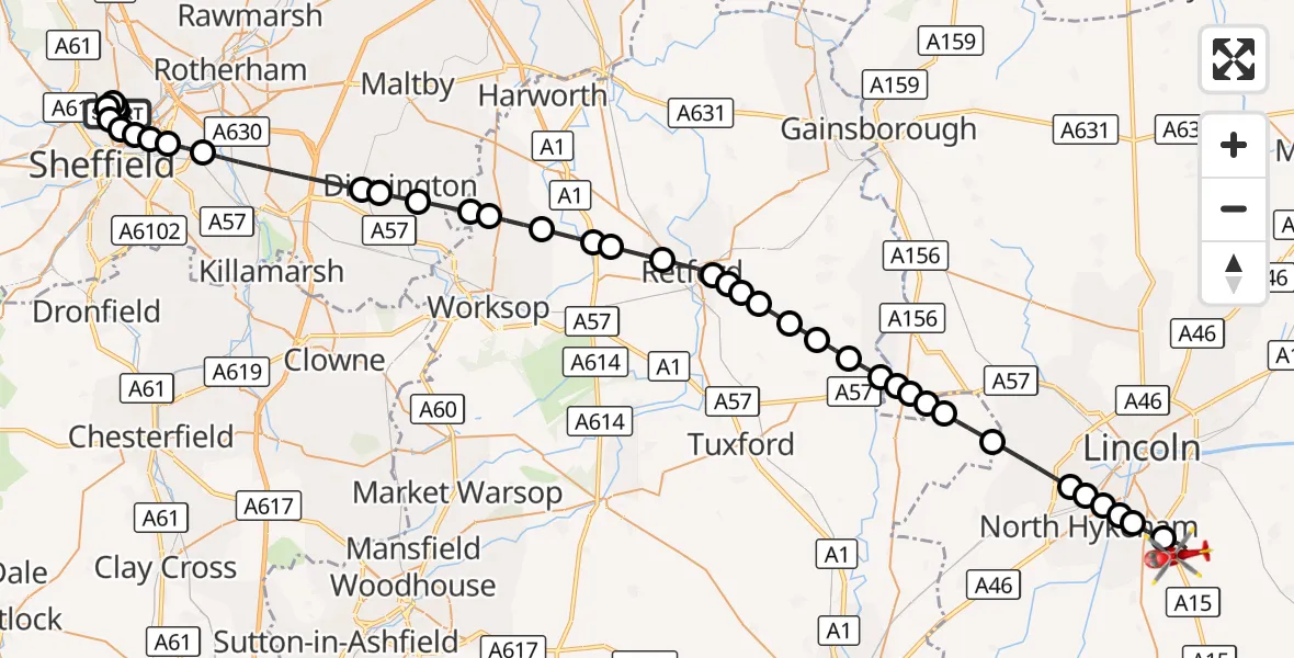 Flight route Air Ambulance Helicopter Sheffield Northern Hospital - North Kesteven, 25 September 2026, 13:22