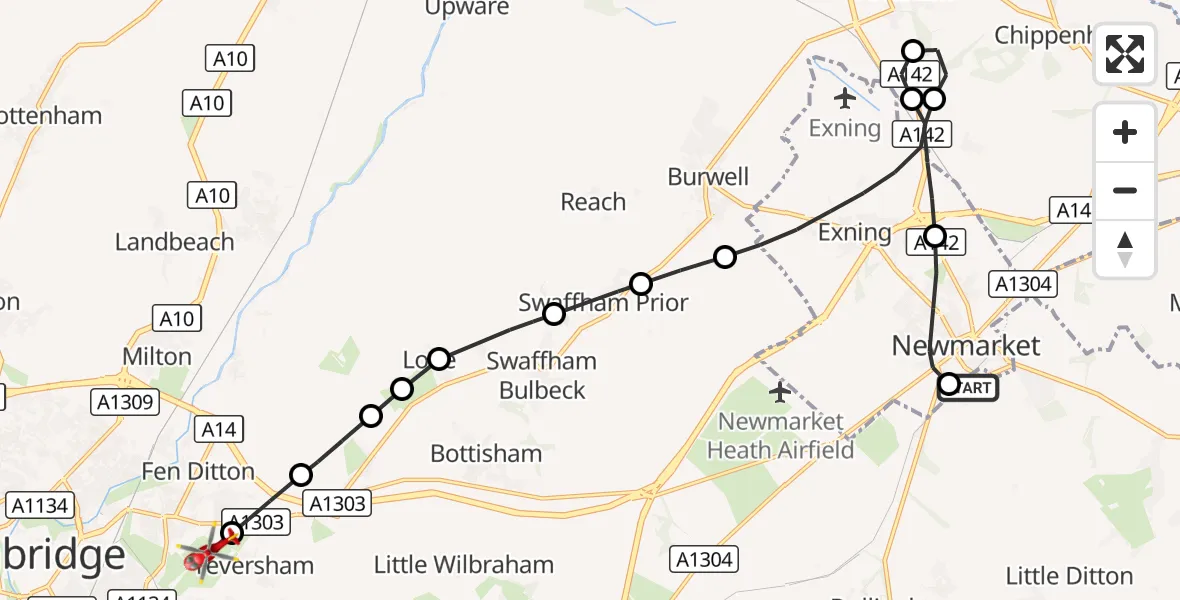 Flight route Air Ambulance Helicopter Woodditton - Cambridge City Airport, 25 September 2026, 13:23