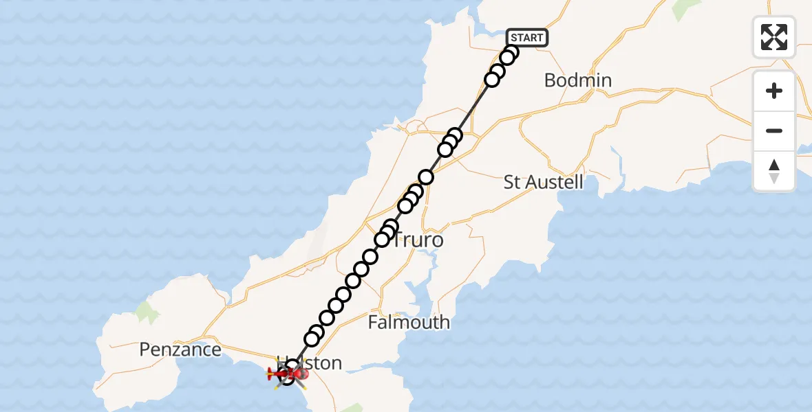 Flight route Air Ambulance Helicopter Wadebridge - Porthleven, 25 September 2026, 13:58