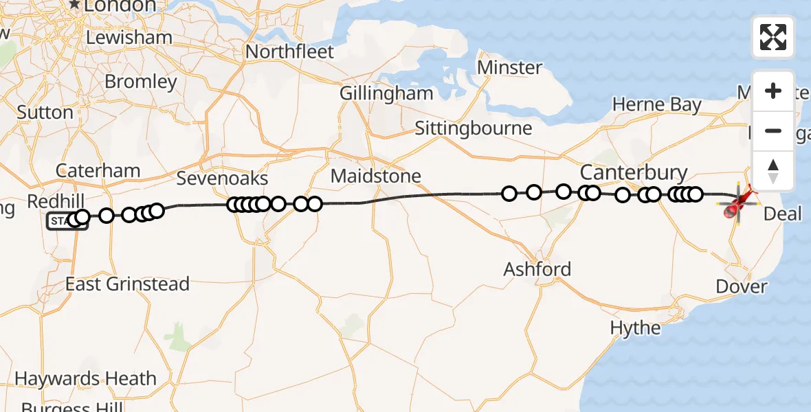 Flight route Air Ambulance Helicopter Redhill Aerodrome - Dover, 25 September 2026, 13:59