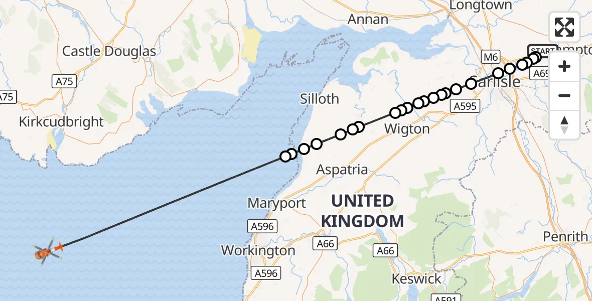 Flight route Coastguard Helicopter Carlisle Lake District Airport - Irish Sea, 25 September 2026, 13:59