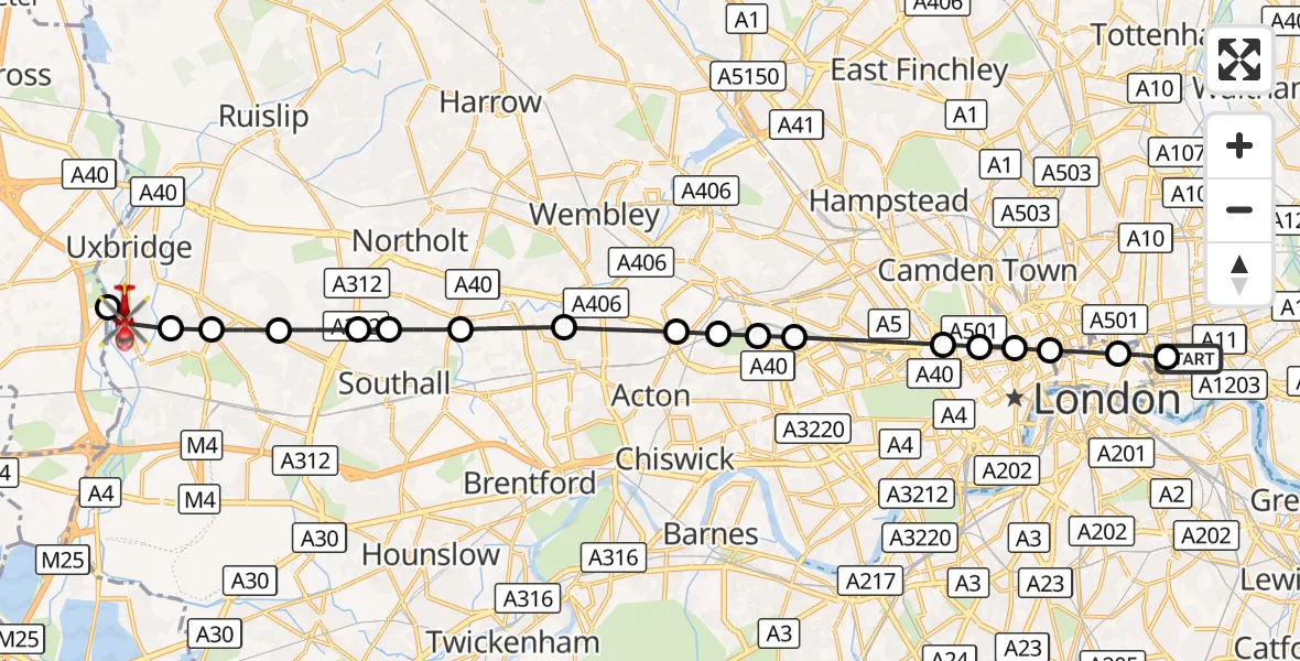 Flight route Air Ambulance Helicopter Royal London Hospital - Cowley, 25 September 2026, 14:07