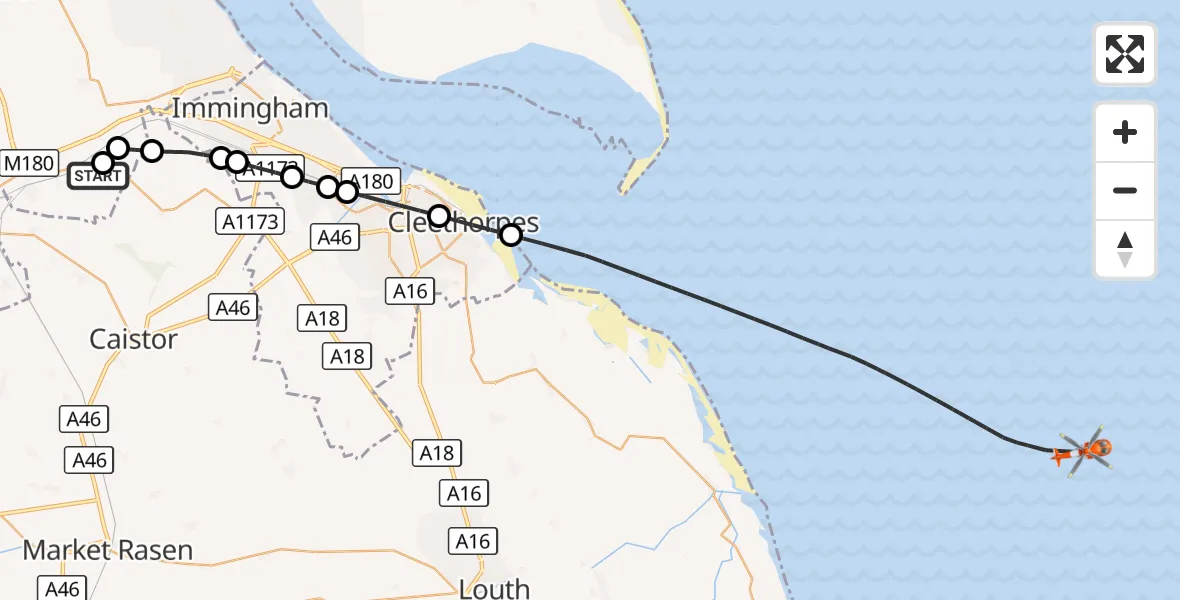 Flight route Coastguard Helicopter Humberside Airport - North Sea, 25 September 2026, 14:09