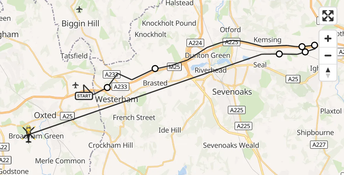 Flight route Police Helicopter Tandridge - Oxted, 25 September 2026, 14:12