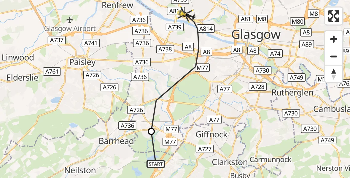 Flight route Police Helicopter Newton Mearns - Glasgow, 25 September 2026, 14:17