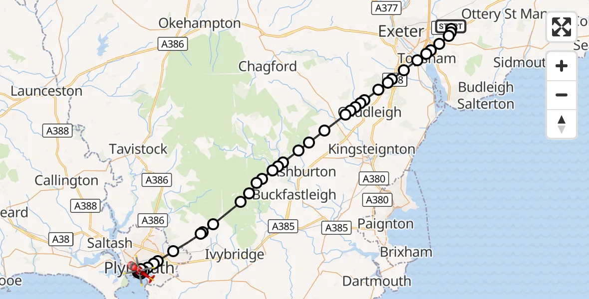 Flight route Air Ambulance Helicopter Exeter International Airport - Barbican, 25 September 2026, 14:25