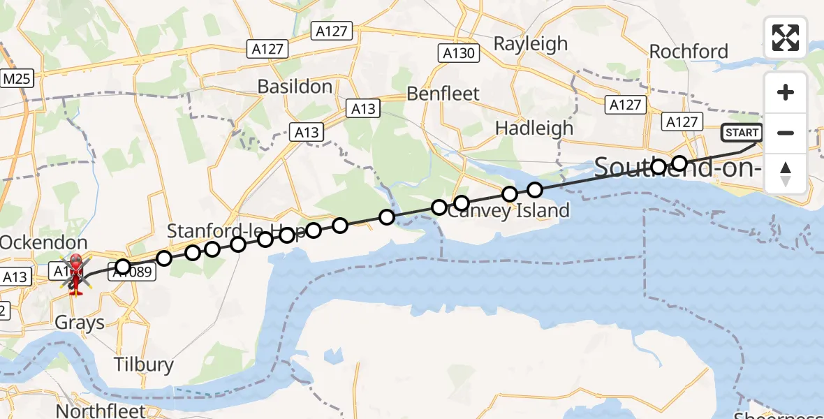 Flight route Air Ambulance Helicopter Southchurch - Grays, 25 September 2026, 14:41