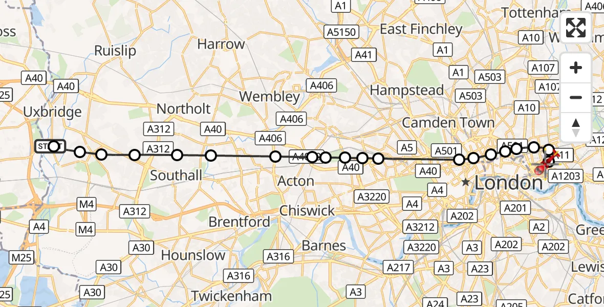 Flight route Air Ambulance Helicopter Cowley - Royal London Hospital, 25 September 2026, 14:43