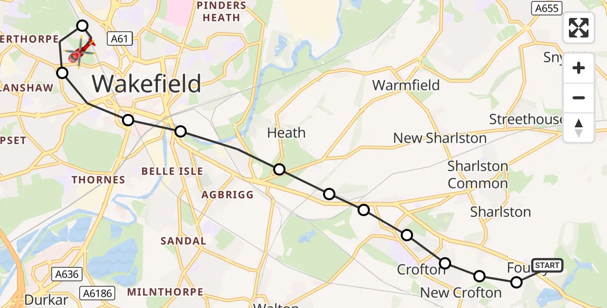Flight route Air Ambulance Helicopter YAA Nostell Helicopter Port - Eastmoor, 25 September 2026, 14:45