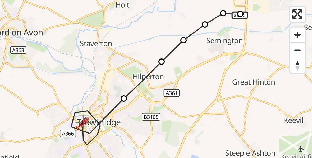 Flight route Air Ambulance Helicopter Wiltshire Air Ambulance - Trowbridge, 25 September 2026, 14:50