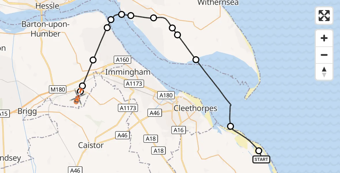 Flight route Coastguard Helicopter North Somercotes - Humberside Airport, 25 September 2026, 14:57
