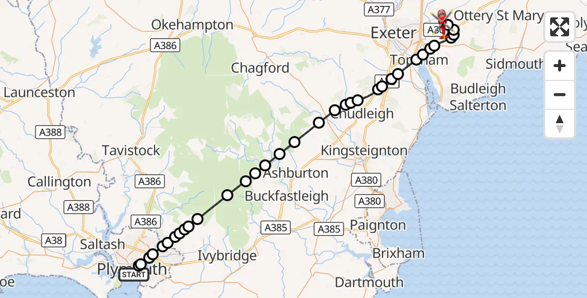 Flight route Air Ambulance Helicopter Barbican - Exeter International Airport, 25 September 2026, 15:01