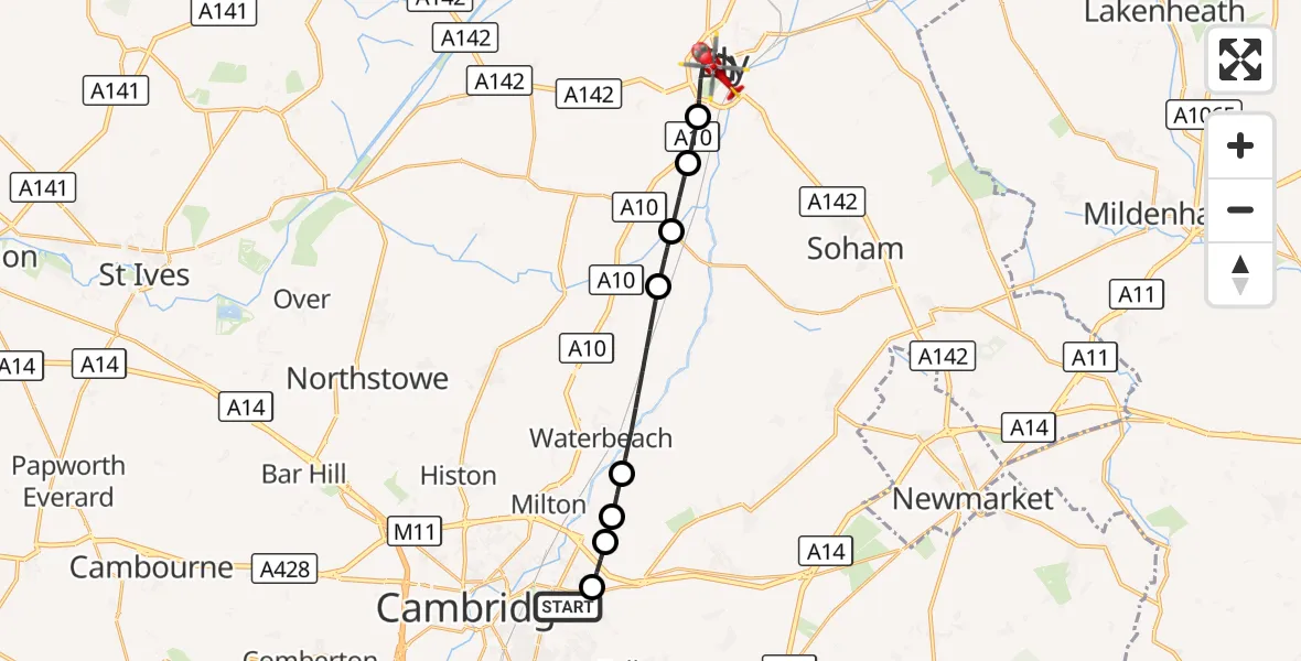 Flight route Air Ambulance Helicopter Cambridge City Airport - Ely, 25 September 2026, 15:11