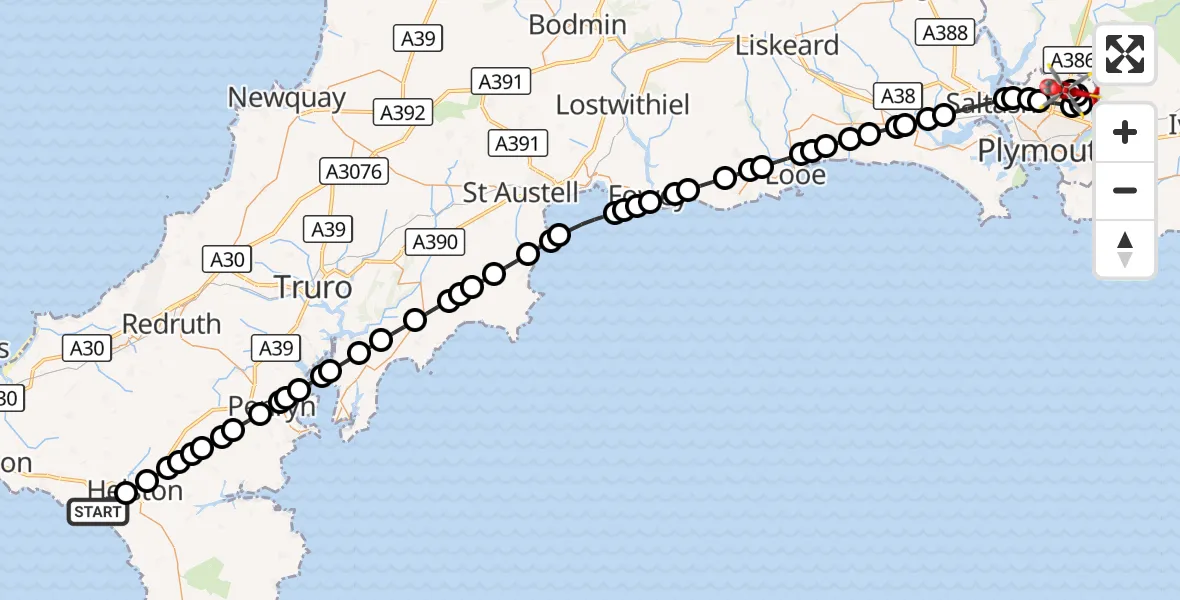 Flight route Air Ambulance Helicopter Porthleven - Derriford Hospital, 25 September 2026, 15:12