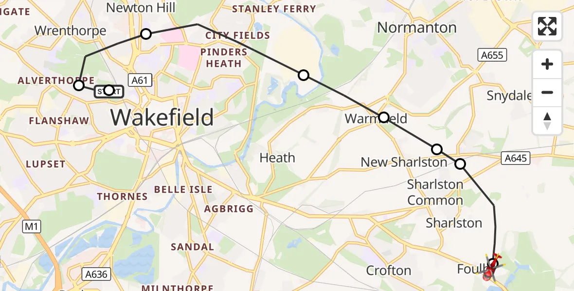 Flight route Air Ambulance Helicopter Wrenthorpe - YAA Nostell Helicopter Port, 25 September 2026, 15:13