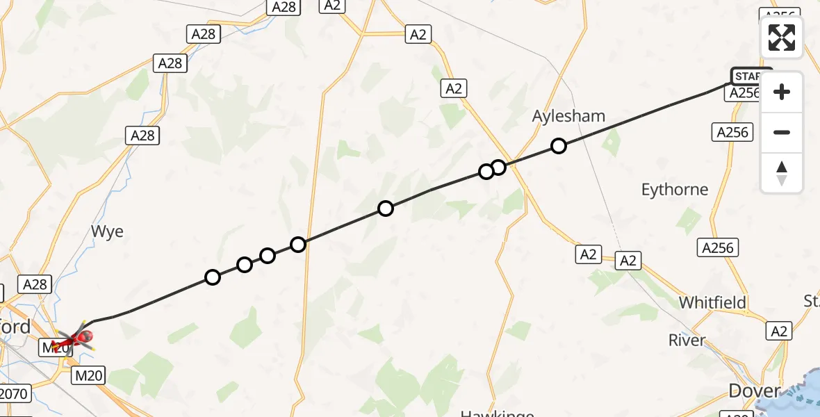 Flight route Air Ambulance Helicopter Dover - Ashford, 25 September 2026, 15:15